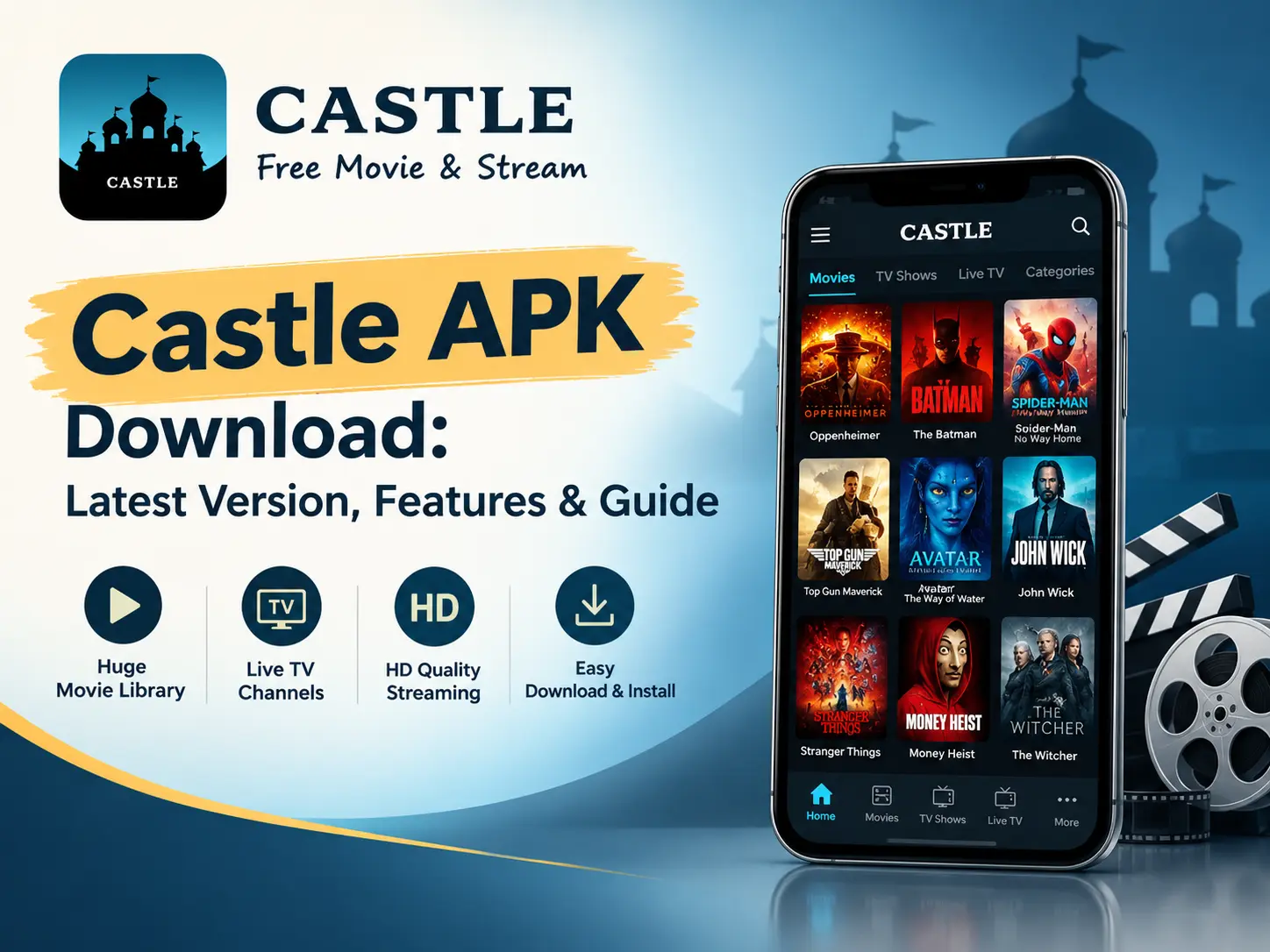 Castle APK displaying streaming features and download guide