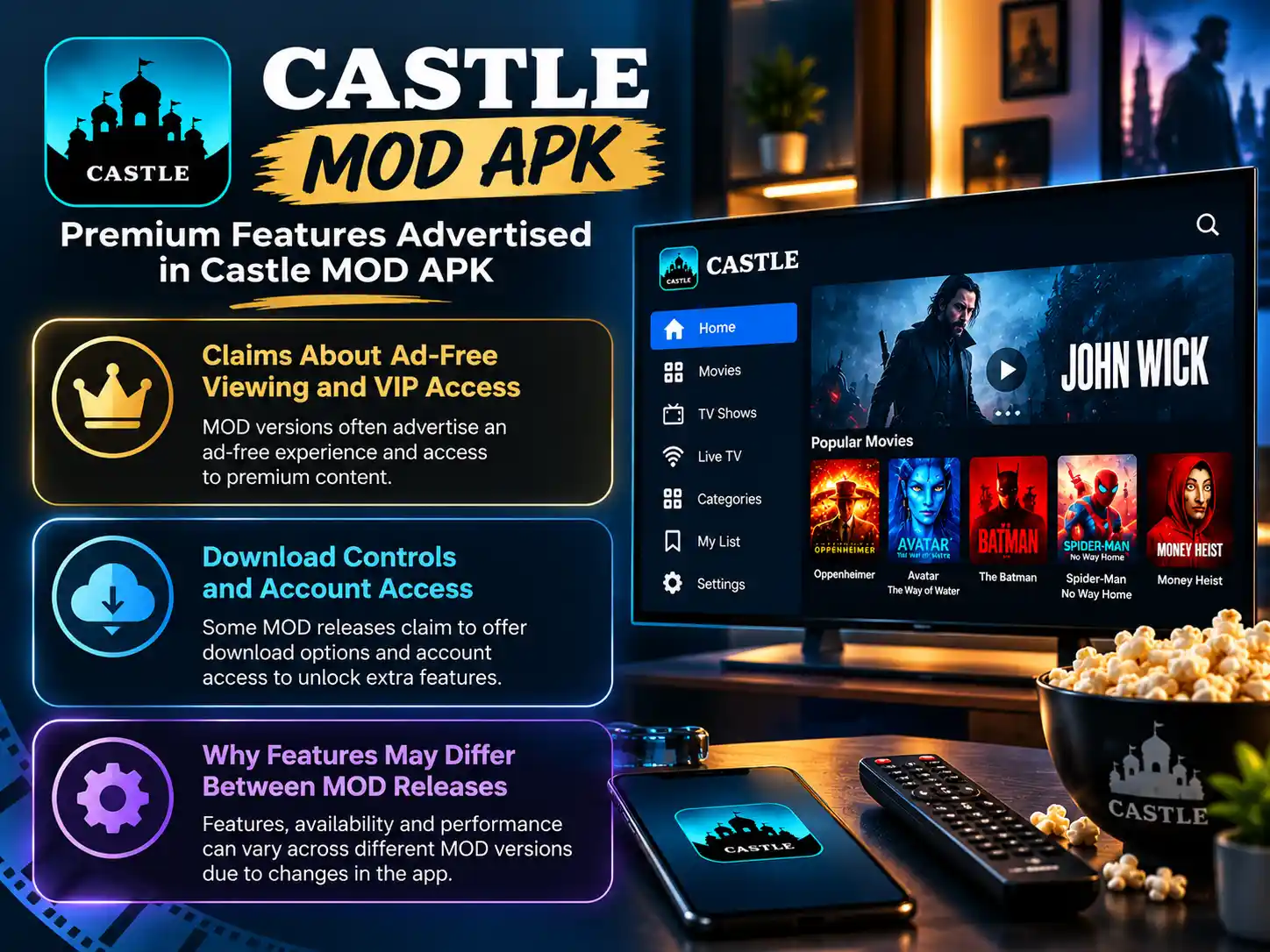 Castle MOD APK showing advertised premium streaming features