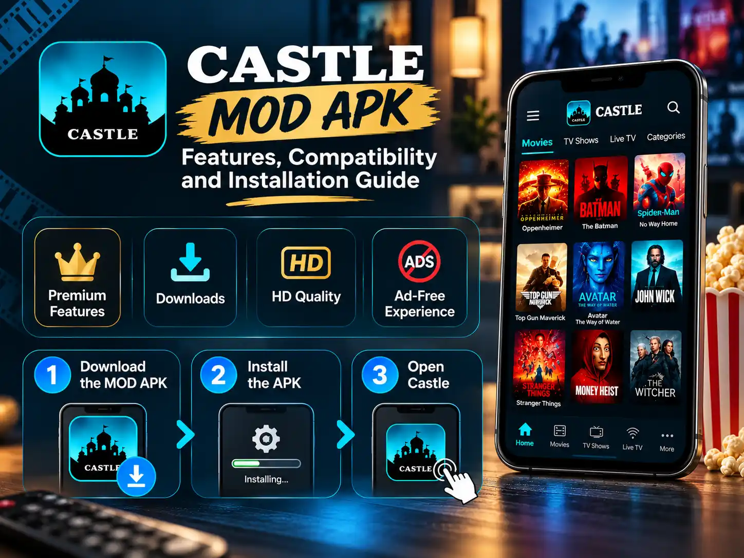 Castle MOD APK showing streaming features and installation steps
