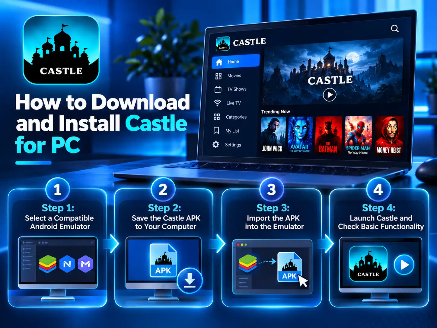 Castle PC installation guide showing four setup steps