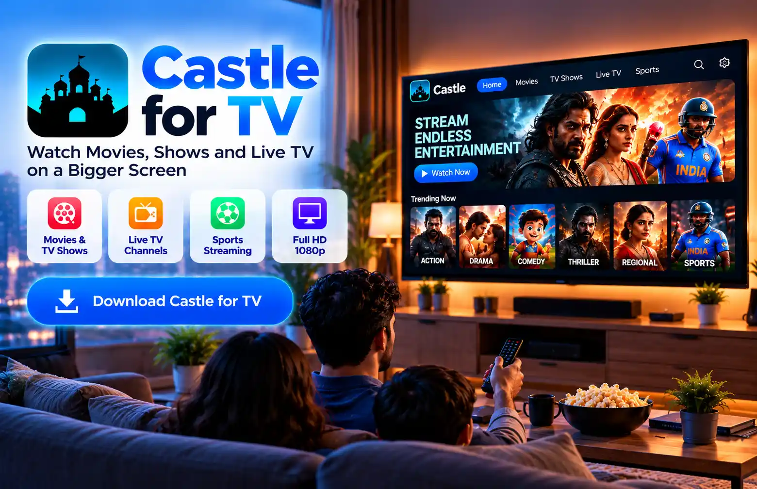 Family watching entertainment on Castle for TV