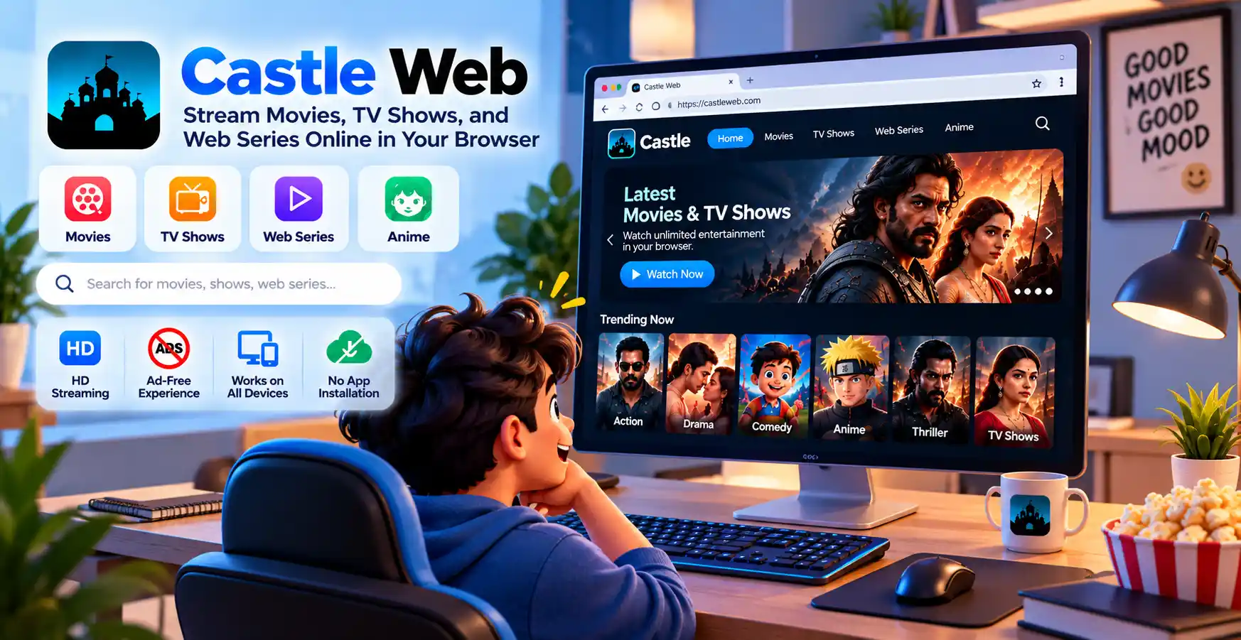 A man is exploring Castle Web options for movies and TV shows